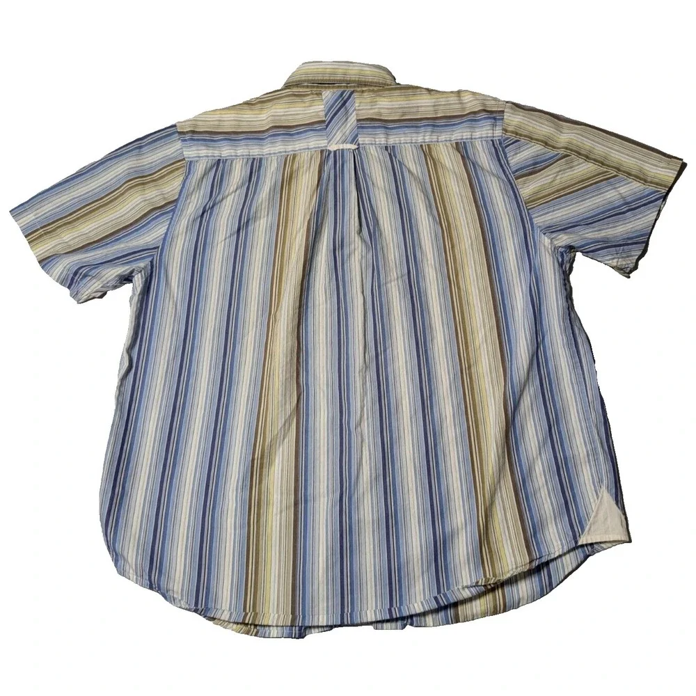 GUESS Covered-Placket Men XL‎ Blue Brown Yellow Striped Cotton Button Shirt
